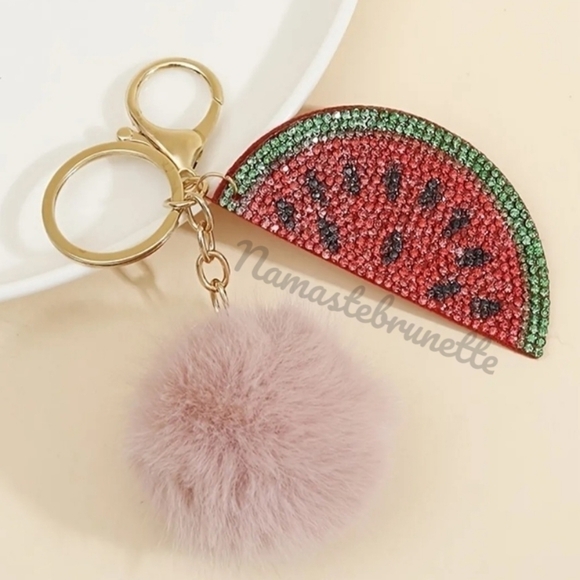 Rhinestone Watermelon Pom Pom Keychain Bag Charm - Picture 12 of 17
